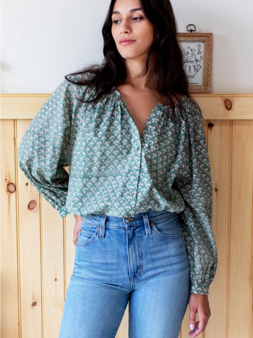 Emerson Fry Sage Green Printed Button-Front Blouse